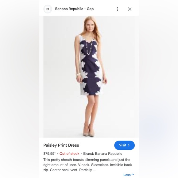 Banana Republic Paisley Print Navy Blue Dress size 0 - Picture 8 of 9